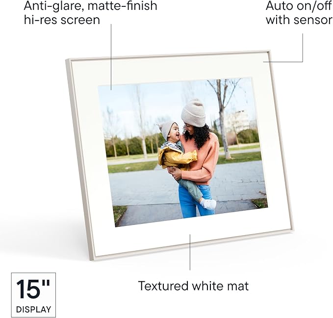 Aura 15" HD WiFi Digital Picture Frame – Free Unlimited Cloud Storage – Send Photos from Phone – No Subscription – Auto On/Off – Gift for Parents & Grandparents (Cool White Mat, 15")
