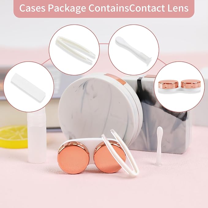 Contact Lens Case, 2 Pack Cute Portable Eye Contacts Travel Box with Mirror Colored Lenses Applicator Remover Tool Kit Solution Bottle for Daily Makeup Office Outdoor (Rose Gold Marble)