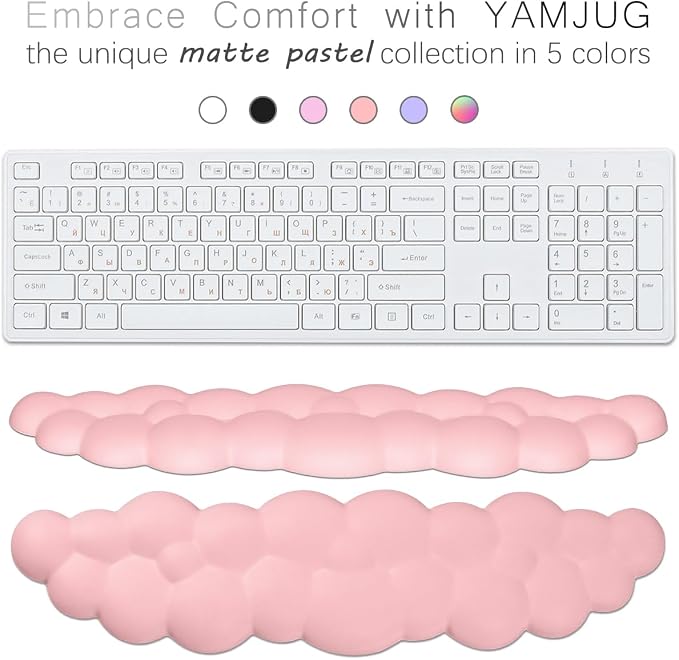 4 in 1 Ergonomic Leather Cloud Wrist Rest Keyboard and Mouse Pad & Coaster | Full 4-Piece Set, Non-Slip PU Base, Soft Memory Foam Comfort For Long Work/Gaming Hours, Cute Desk Decor, Easy To Clean