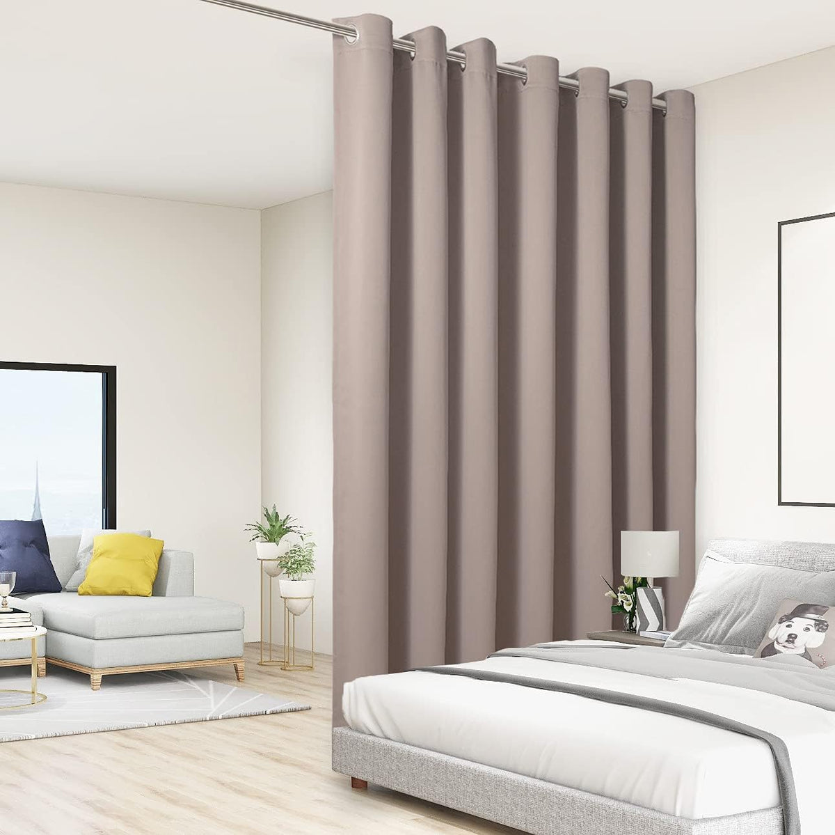 BONZER Room Divider Curtain Total Privacy Wall Noise Reducing Extra Wide Blackout Curtains for Patio Sliding Glass Door, 108L x 150W Inch (9L x 12.5W ft), 1 Panel, Khaki
