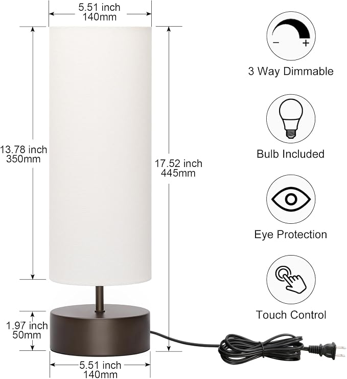 3 Way Dimmable Touch Control Table Lamp, Bedside Table Lamp with Dark Brown Base, Modern Nightstand Lamp with Beige Shade, Simple Night Light for Bedroom Living Room Home Office, 9W LED Bulb Included