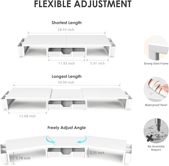Desk Organizers and Accessories, Dual Monitor Stand Riser with Drawer and 2 Pen Holders, Desk Shelf Computer Racks for Office Workspace Organizers, Desktop Organization (White)