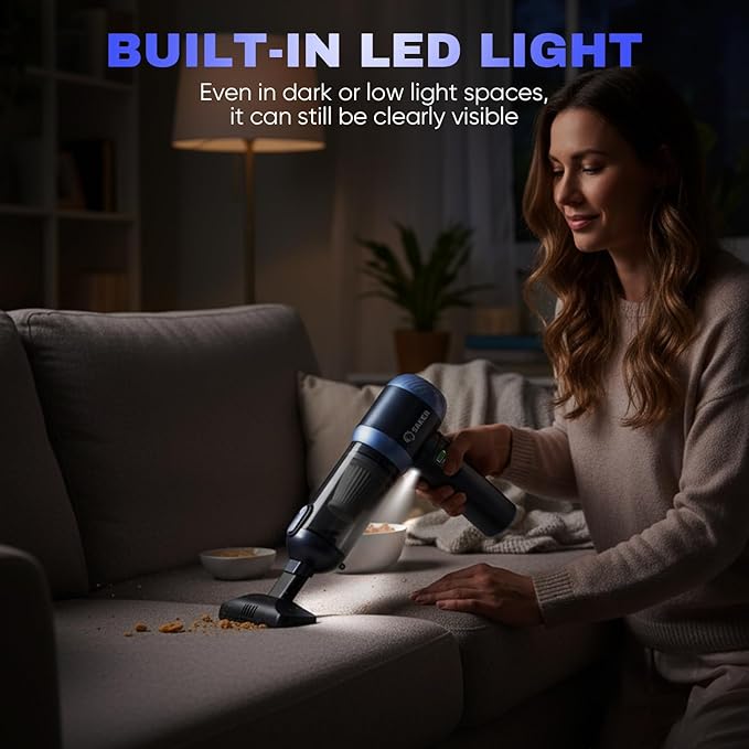 Saker Car Vacuum Portable Cordless 20000Pa Suction Power 4 in 1 Handheld Vacuum with LED Light Type-C Portable Mini Vacuums for Valentine's Day Gifts Car, Home, Office, Pet HL157 Blue