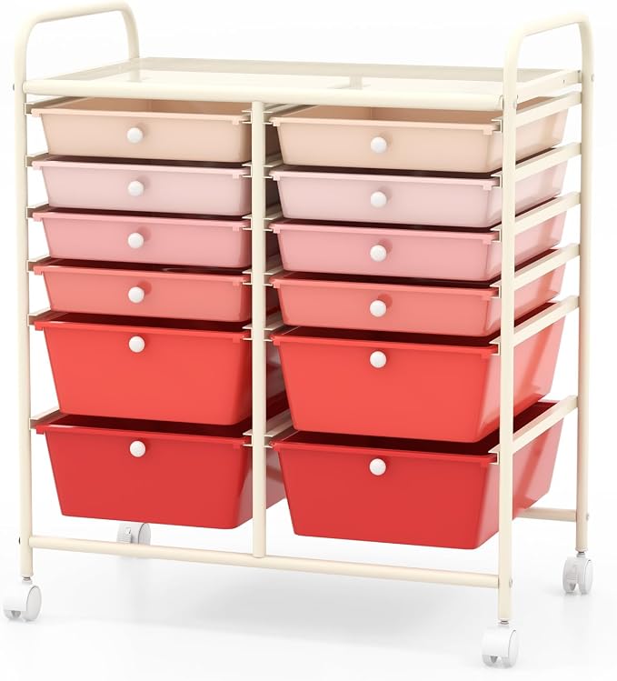 COSTWAY 12-Drawer Rolling Storage Cart, Moveable Art Craft Organizer | Lockable Wheels, Metal Shelf, Files Arrangement Tools Makeup Storage Cart for Office, Home, School (Mixed Pink)
