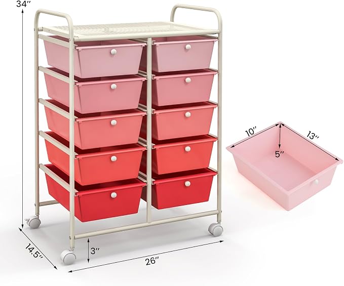 BECOMFORT 10-Drawer Rolling Cart with Drawers, Storage Cart on Wheels, Teacher Classroom Organizers with Metal Frame, Mobile Craft Cart, Trolley Utility Cart for School Office Play Room