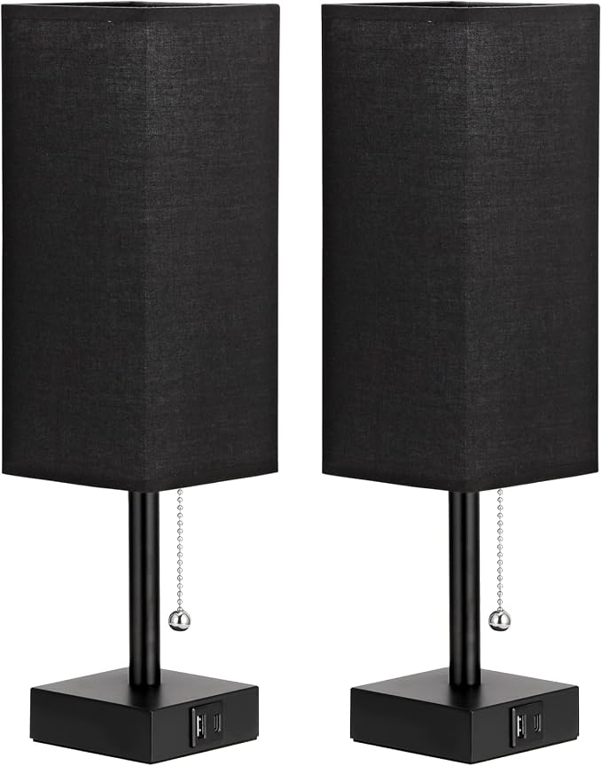 Set of 2 Black Bedside Table Lamps for Bedroom - Nightstand Lamp, USB C+A | Pull Chain Lamp, 3 Color Modes(3000K/4000K/5000K), E26 LED Bulb Included, Square Black Fabric Lampshade, for Read, Work, Dorm