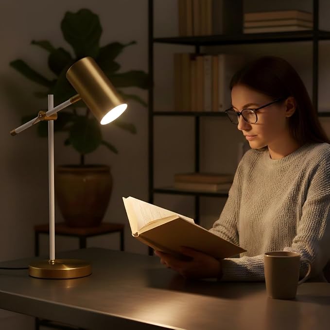 Modern White and Gold Desk Lamp with Type C Charging Port, Minimalist Industrial Table Lamp with Swing Arm, for Study Room Home Office Bedroom Bedside Nightstand