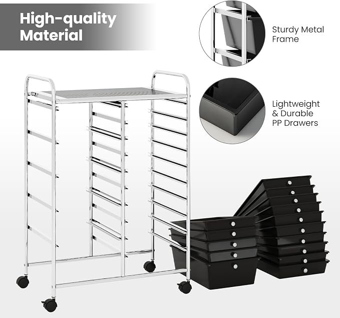 BECOMFORT 15-Drawer Rolling Cart with Drawers, Storage Cart on Wheels, Teacher Classroom Organizers with Metal Frame, Mobile Craft Cart for Tools, Trolley Utility Cart for School Office Play Room