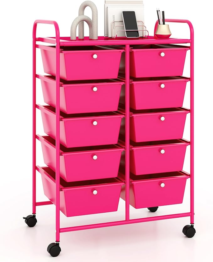 RELAX4LIFE 10-Drawer Rolling Storage Cart - Mobile Craft Art Supply Storage Organizer for Tool Scrapbook Paper Salon, Office School Classroom Teacher Rolling Cart with Drawers, Utility Cart on Wheels