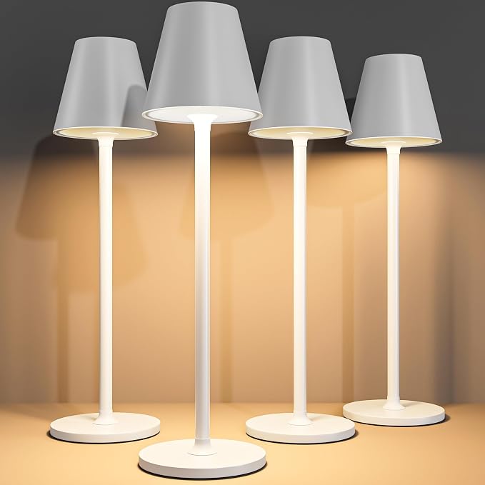 Timjorman 4-Pack Cordless Table Lamps - 5000mAh Rechargeable Battery Operated Desk Lamp, 3-Level Dimmable LED Night Light for Bedroom, Dining, Restaurant - Metal Design(White 4PACK)