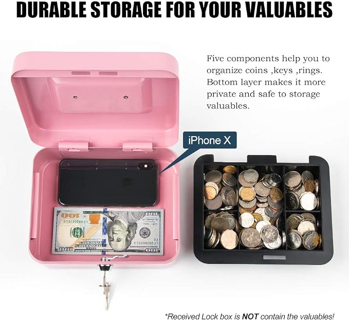 Kyodoled Medium Cash Box with Money Tray,Small Safe Lock Box with Key, Drawer,7.87"x 6.30"x 3.54" Pink