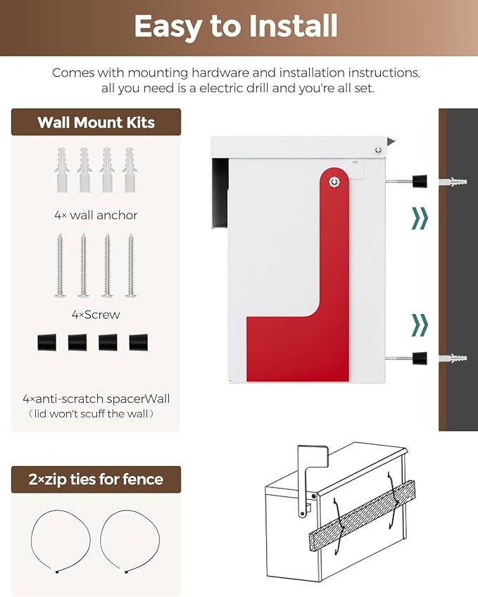 Modern Mailboxes for Outside, Metal Wall Mount Mailbox, with One Flag Kit and Three Sets of Mailbox Number Stickers, 3.9" D×13" W×7.1" H, Rust Resistant Coating Mail Boxes for House, White