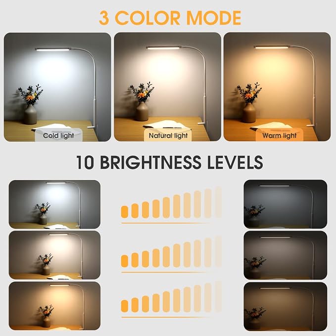 LED Desk Lamp with Clamp, Clip on Lights for Home Office, White | 3 Modes 10 Brightness, Long Flexible Goose-Neck, Eye-Caring, Memory Function, Energy Efficient, USB Adapter, Metal