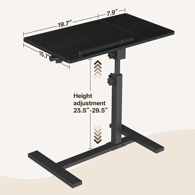 Overbed Table with Wheels Rolling, Adjustable Mobile Bedside Desk | Flip-Top, Laptop Table, C Shaped End Side Table for Couch, Sofa, Bed, Recliner and Home Use, Large Black