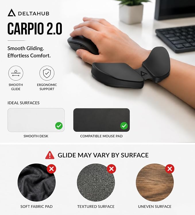 DELTAHUB Carpio 2.0 - Right-Handed Truly Ergonomic Wrist Rest for Mouse, Carpal Tunnel Support, Pain Relief, Anti-Fatigue, Easy Glide, Sleek, Office, Computer, Laptop, Gaming - Large, Black