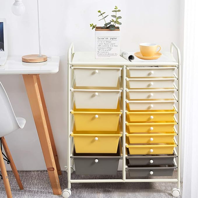 RELAX4LIFE 15 Drawer Rolling Storage Cart, Mobile Drawer Carts for Craft Art Supply Paper Salon, Utility Cart on Wheels for Classroom Teacher School Office, Rolling Cart with Drawers (Yellow)