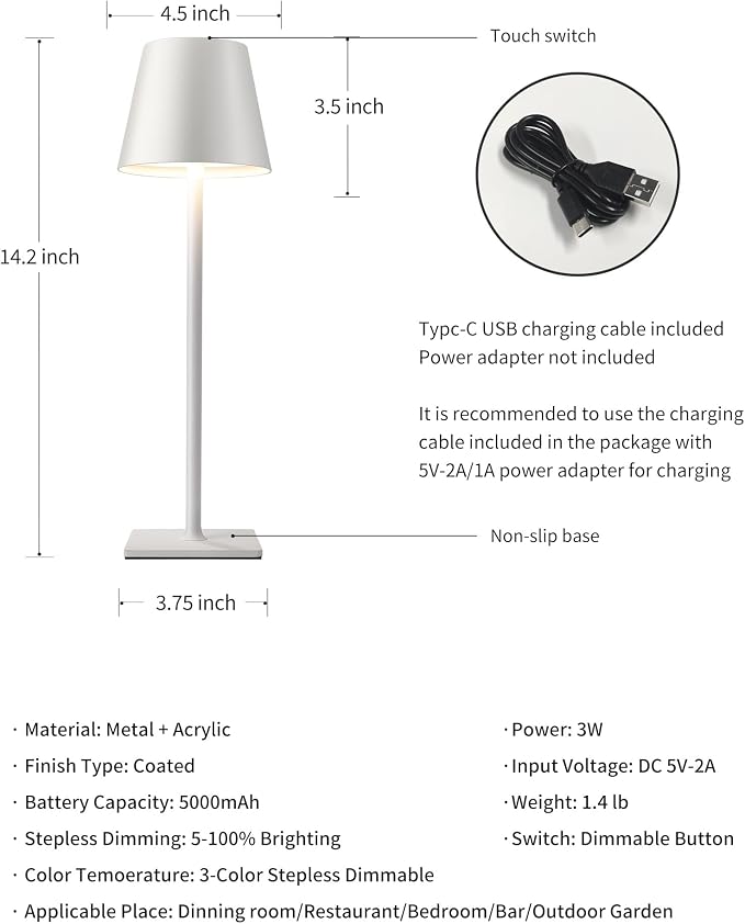 KDG 2 Pack Cordless White Table Lamps, Rechargeable Portable LED Desk Lamps | 5000mAh Battery Operated 3 Color Stepless Dimming Up for Restaurant, Bedroom, Outdoor Party, Camping, Coffee Shop, Nightlight
