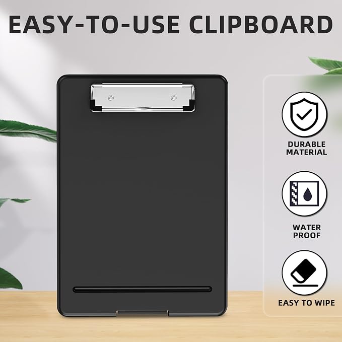Clipboard with Storage, Plastic Storage Nursing Slim Clipboard with Low Profile Clip, Foldable Letter Size for Nurse, Kid, Salary, Coach, Jobsite, Industrial, Office(9" x 13"x 0.8", Black)