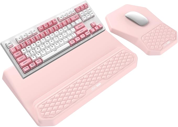 3-in-1 Ergonomic Keyboard Stand with Wrist Rest & Mouse Pad Set, Pink | Comfy Keyboard Riser Holder Soft Mousepad with Massage Design, Memory Foam and Non-Slip PU Base for Pain Relief