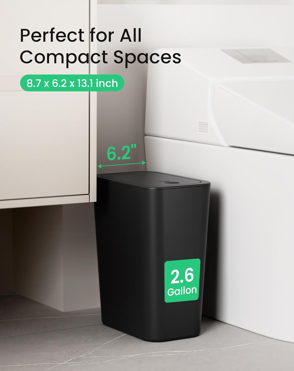 Cesun Bathroom Trash Can with Lid, 2.6 Gallon Small Black Garbage Can, Press Top Lid Trash Bin, Dog Proof Trash Cans Plastic Waste Basket for Bedroom Toilet Office