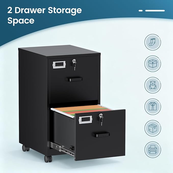 MIIIKO 2 Drawer File Cabinet with Lock, Vertical Metal Filing Cabinets for Home Office, Lockable Storage File Cabinets Under Desk, A4/Letter File Folders(Black)-Assembly Required
