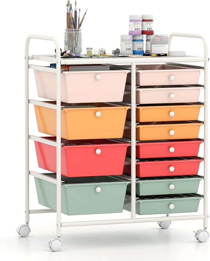 Giantex 12 Drawer Rolling Cart with Drawers, Storage Organizer Cart for Classroom Office School Teacher, Mobile Drawer Cart for Tools, Crafts, Small Printer, Macaron Multicolor