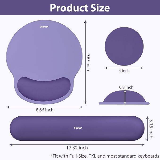 Mouse Pad and Keyboard Wrist Rest, 3-in-1 Gel Memory Foam Ergonomic Mouse Pad with Wrist Rest Set, Gaming Mousepad Arm Cushion Support for Computer Office Desk Accessories Cute Setup, Purple