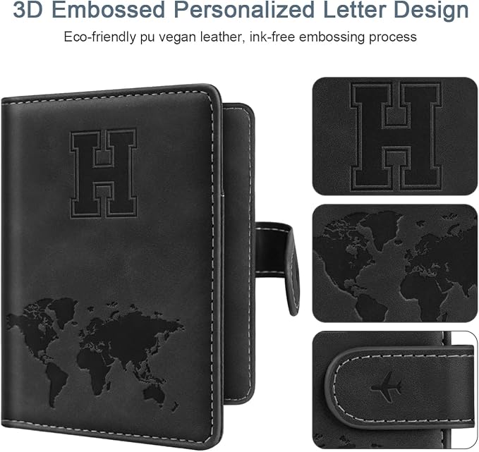 Passport Holder for Travel Essentials Personalized Initial Wallets | Embossed Letter A-Z Design, RFID Blocking, Passport Cover, Passport Book Holders, Men Women, Personalized Gifts, Black-H