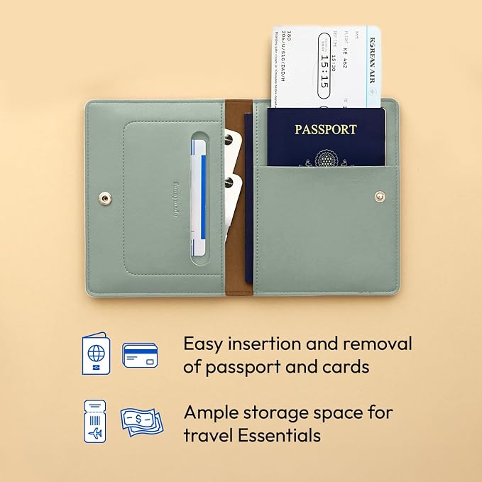 Premium RFID Blocking Leather Passport Holder & Wallet – Mint Grey | Family Travel Document Organizer – for 2 Passports, Cards, Boarding Passes & Travel Essentials