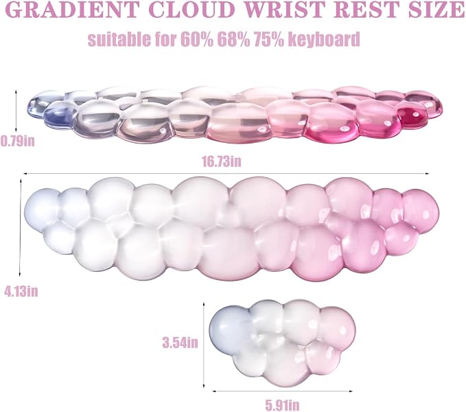 Ergonomic Cloud Silicone Gel Keyboard and Mouse Wrist Rest Set – Clear Wrist Rest for Computer Keyboard 60%/68%/75%, Comfort & Support for Typing and Gaming (Light Pink Blue)