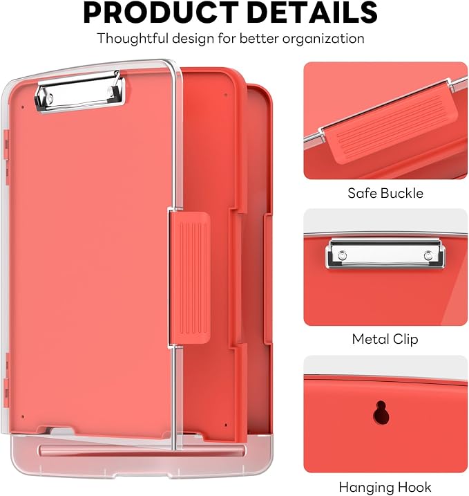 Clipboard with Storage and Pen Holder, Red 8.5 x 11'' Folder Side Open, Heavy Duty with Dual Compartment, Clear Dry Erase for Coach, Size 14.5 x 9.8 x 1.5'', Office & School Supply