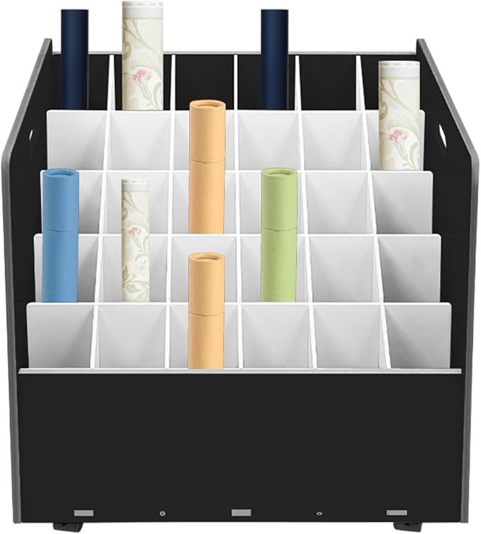 Blueprint Storage Organizer, 30 Slots Mobile Roll File Cart, Construction Plan Holders, Blue Print Cabinet with Wheels, Roll Files Storage for Office Home School (Black, 30 Slots)