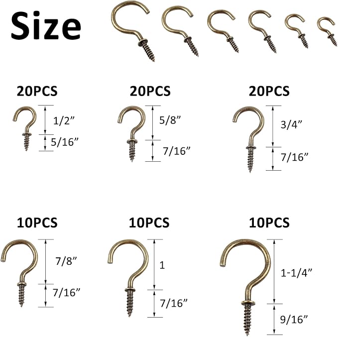 Romeda 90 Pcs Ceiling Hooks Kit - 6 Sizes Screw-in Hooks for Hanging (1/2", 5/8",3/4",7/8",1",1-1/4") (Bronze)