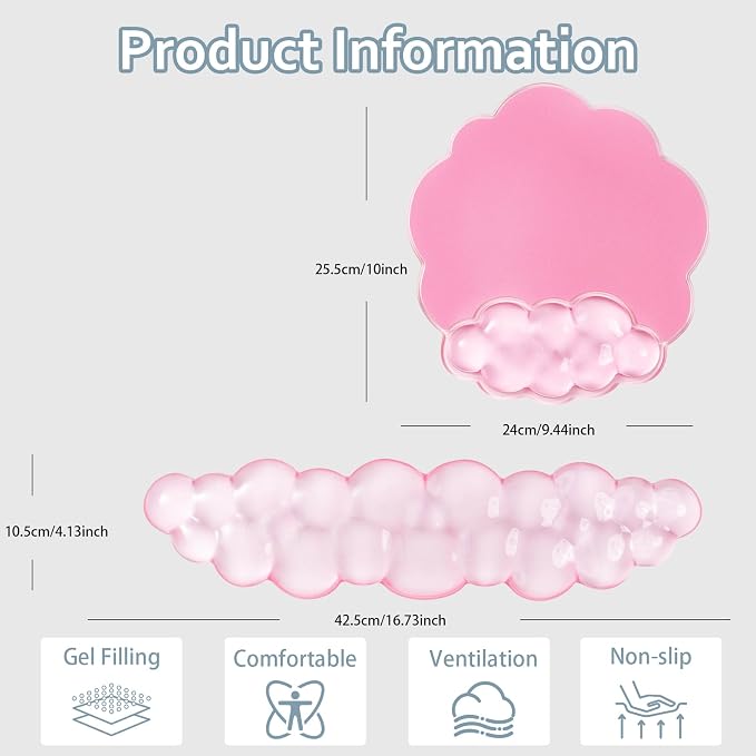 Pink Cloud Gel Wrist Rest for Keyboard and Mouse, Ergonomic Mouse Pad with Wrist Support Non-Slip Base for Typing Pain Relief/Computer/Laptop/Gaming/Home/Office (Cloud Shape, Pink)