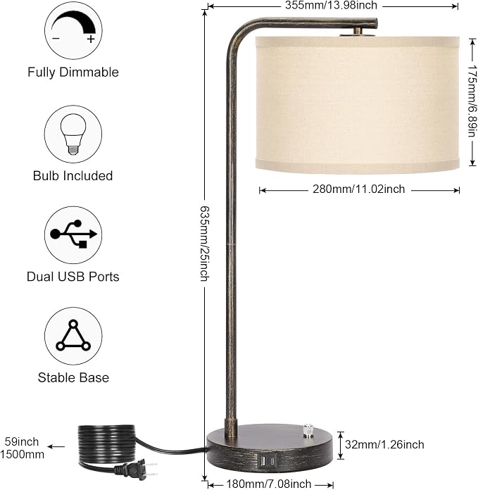 25" Tall Bedside Table Lamp with USB C+A Ports, Fully Dimmable Desk Lamp | Industrial Minimalist Nightstand Lamp, Vintage Reading Light for Bedroom Living Room Office, 3000K LED Bulb Included