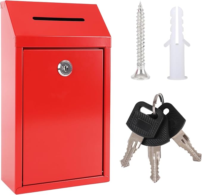 Metal Donation Box with Lock Ballot Box Drop Box with Lock Suggestion Box with Slot and Locks Metal Locks Box Comment Box Voting Box Key Drop Box for Home Office(Red,10.24 x 5.71 x 2.95 Inch)