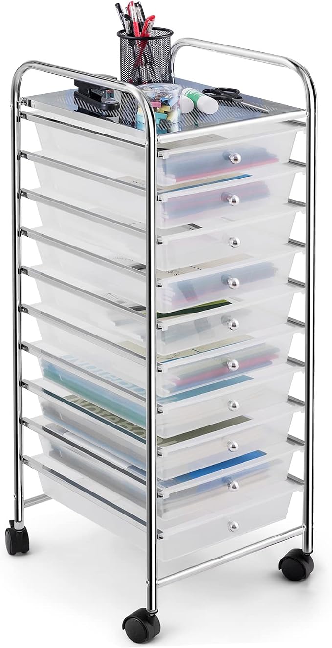 COSTWAY 10-Drawer Rolling Storage Cart, Utility Mobile Trolley | Removable Drawers & Universal Casters & 2 Brakes, Versatile Flexible Drawer Organizer Cart for Home, Office (Clear)