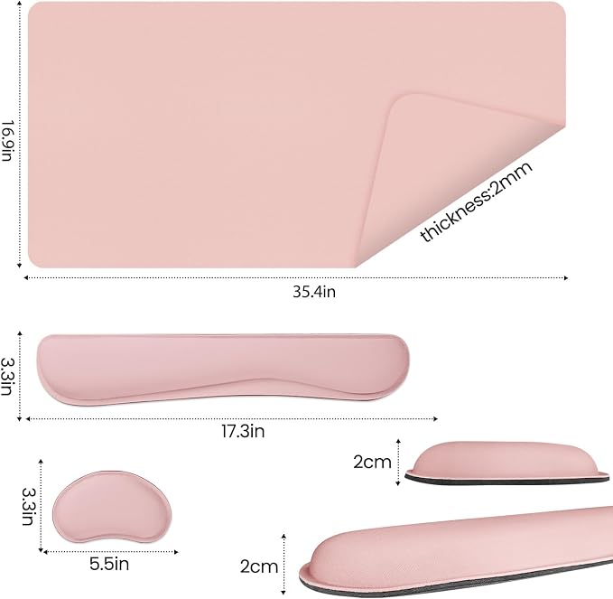 Desk Mat Set,3-in-1 Mouse Pad with Wrist Rest and Keyboard Pad | 35.4" x 16.9" Ergonomic Keyboard and Mouse Pad Set, Memory Foam Keyboard Wrist Rest, Waterproof Computer Mat, Pink