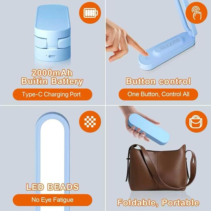 Giryuhd LED Desk Lamp for Office Home & Battery Operated Lamp Rechargeable Lamp Foldable & Portable Light, LED Desk Light Strip, 3 Brightness Dimmable Small Desk Lamp Wireless Reading Lamp