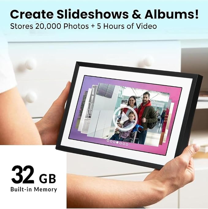 PhotoSpring No Subscription, 10in WiFi Digital Picture Frame, Email App Web, USA Company, 32gb Touch Screen, Play Videos up to 5min