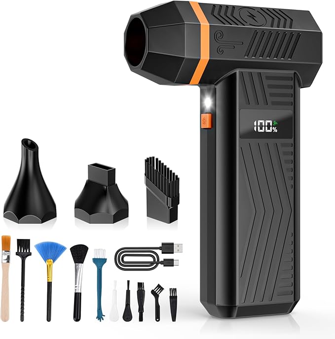 Compressed Air Duster, 180000RPM Electric Air Duster with 4-Speed Adjustable & Display Screen & LED Light & 5000mAh Battery, Rechargeable Cordless Electronics Air Blower for Keyboard/PC/Car