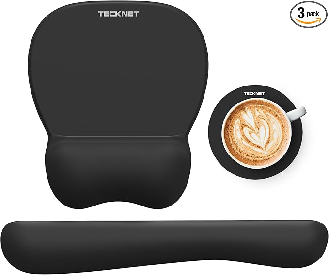 TECKNET Gel Ergonomic Mouse Pad & Keyboard Wrist Rest & Coaster | 3 in 1 Set, Pain Relief, Milk Silk Cloth, Non-Slip PU Base, Easy Typing, Memory Foam Wrist Support for Office & Home