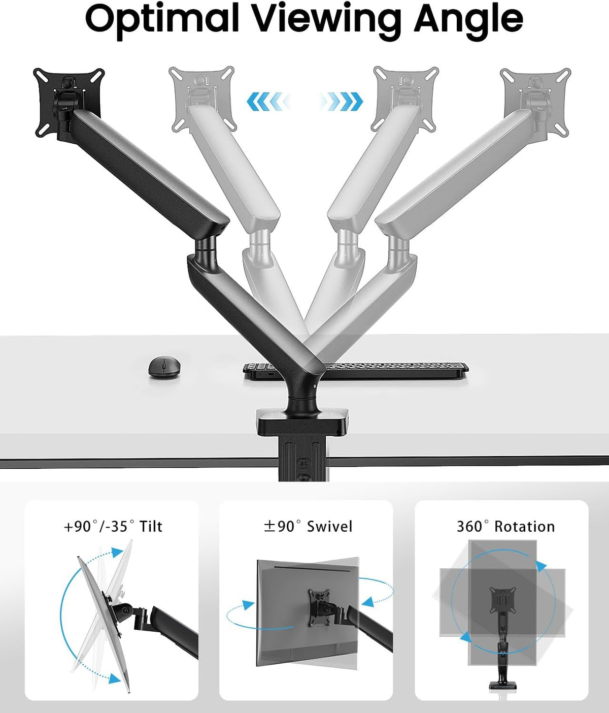 Single Monitor Mount for 13-40 Inch Screens up to 24 lbs, Ergonomic Adjustable Monitor Arm with Built-in USB 3.0 Hub, Space-Saving VESA Desk Mount for Home Office & Gaming, C-Clamp & Grommet Base