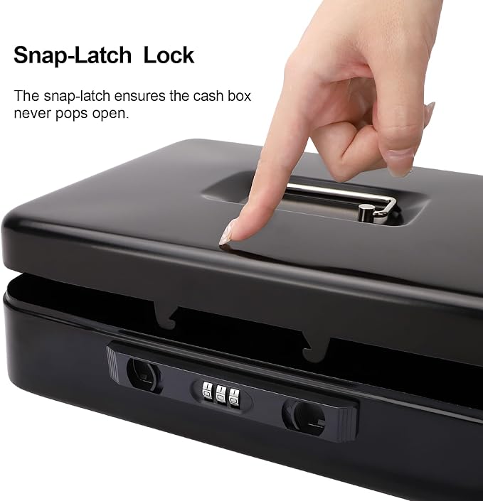 Jssmst Cash Box with Sliding Coin Lid and Snap Latch Combination Lock - Portable Cash Box with Money Tray and Lock, Secure Locking Money Box for Cash Organizer, 11.8L x 9.5W x 3.5H Inches, Black