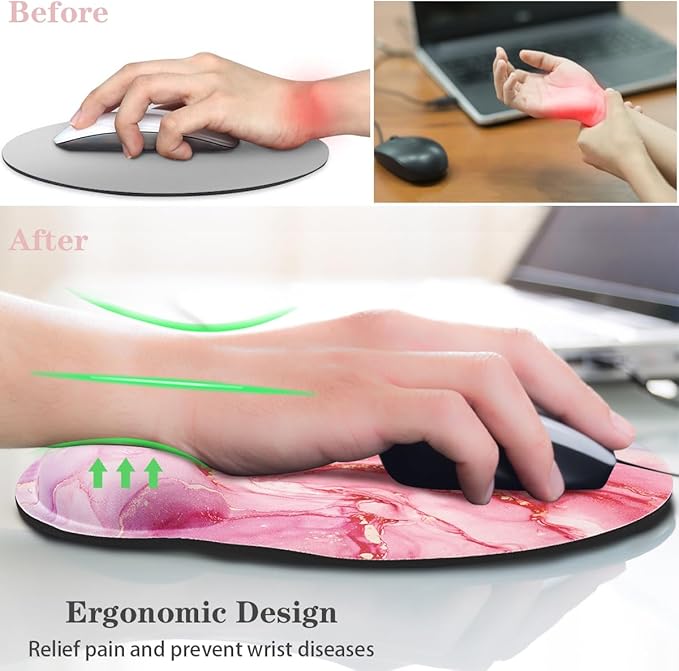 WAVEYU Ergonomic Mouse Pad with Wrist Support, Office Mousepad with Wrist Rest, Computer Gaming Mouse Pad for Laptop, Pain Relief Mouse Mat with Non-Slip Rubber Base, 9''x 10'', Red Marble