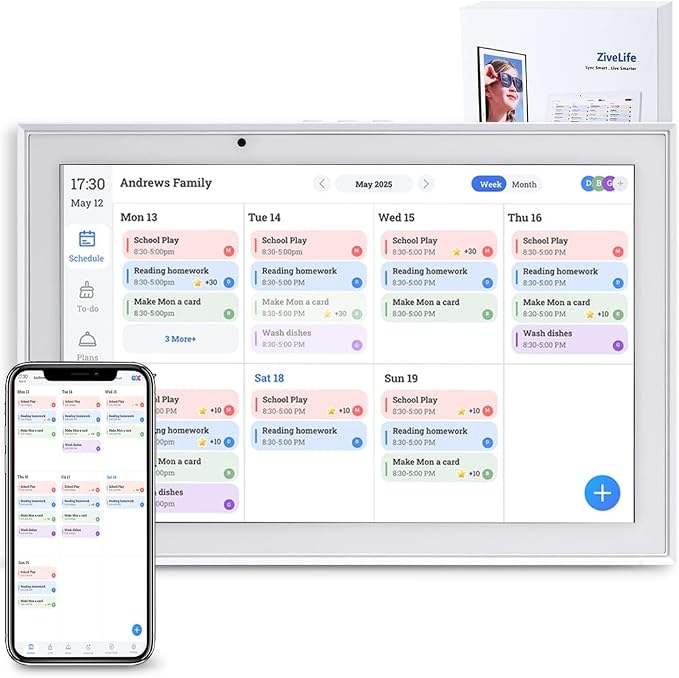 Digital Calendar 10.1 Inch Smart Electronic Planner, IPS Touch Screen, 32GB, Electronic Slideshow, Wall-mounted with Third-Party Calendar Sync, Chore Tracker, Meal Plan & Photo Display, Gifs for Mom