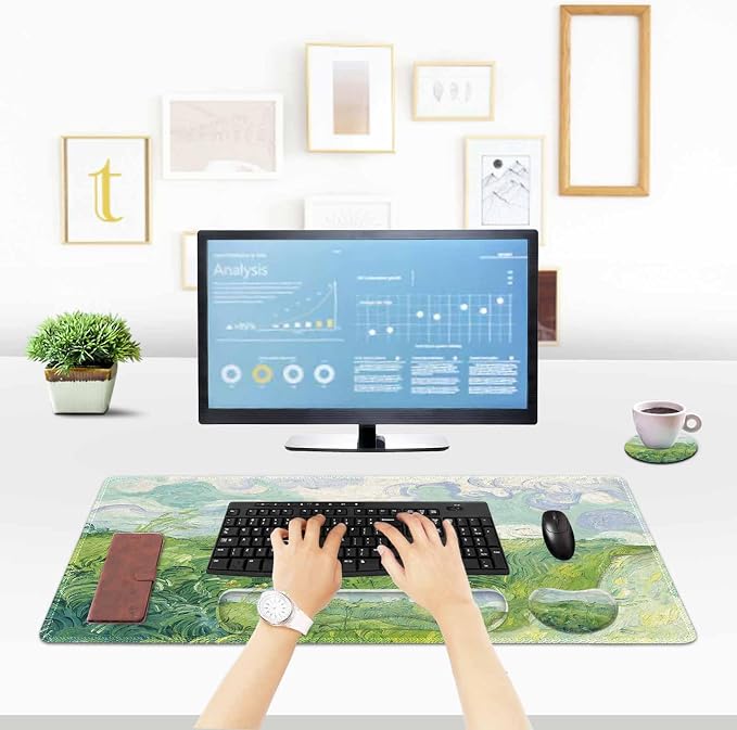 ToLuLu Extended Gaming Mouse Pad, Memory Foam Keyboard Mouse Wrist Rest Set | Large Desk Mat with Stitched Edges, Non-Slip Base Ergonomic Support Mousepad for Home Office Game and Study, Green Theme