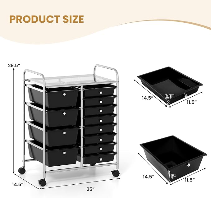 COSTWAY 12 Drawer Rolling Storage Cart, Utility Cart with Metal Frame | Mobile Art Supply Craft Organizer, Multipurpose Storage Organizer for Paper, Office, School Teacher, Classroom, Black