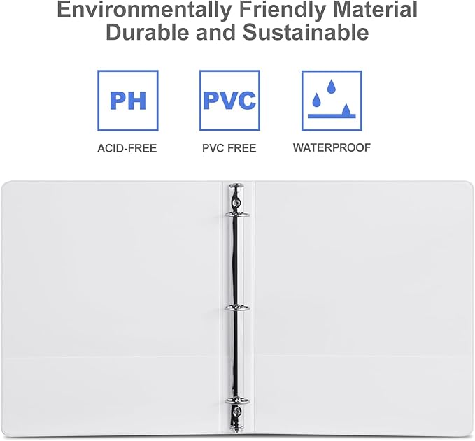 3 Ring Binder 1 Inch, ViVin Sturdy 1"-Round Ring Binder with 2 Interior Pockets, Clear View Cover, PVC-Free, Fits 200 Sheets of 8.5'' x 11'' Paper, Office Home School (8 Pack, White)