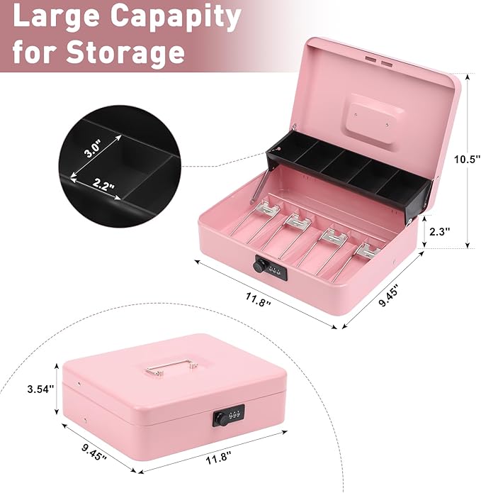 KYODOLED Large Cash Box with Combination Lock, Money Box with Cash Tray, Lock Safe Box with Key, Money Saving Organizer, 11.81Lx 9.45Wx 3.54H Inches, Pink XL Large